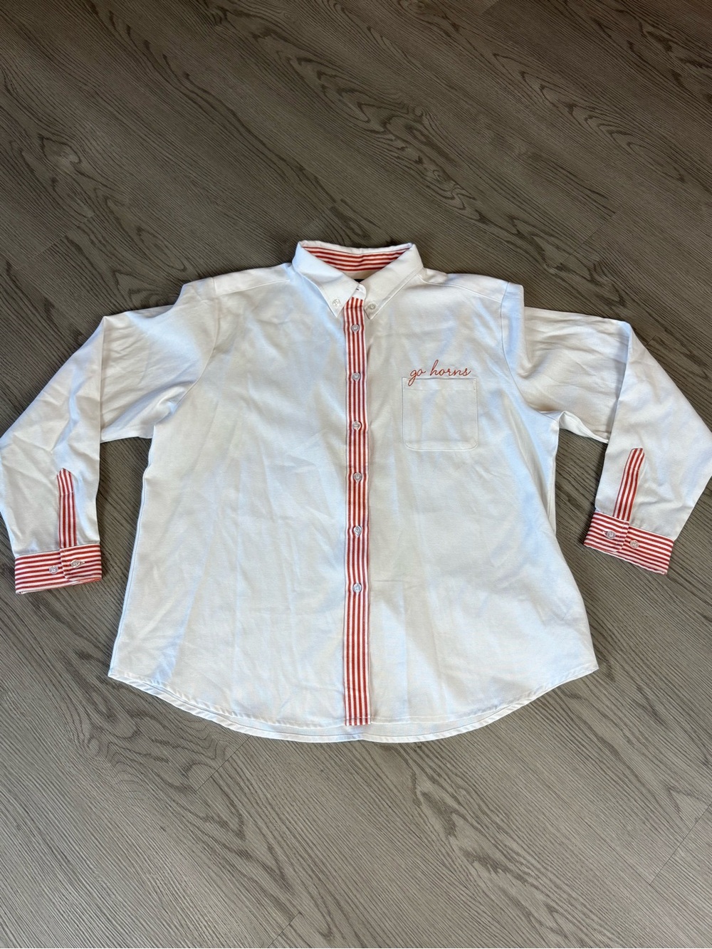 Katie Kime White Shirt with Orange Striped Trim